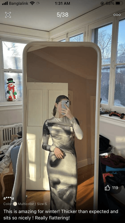 SHEIN BAE Vintage Portrait Mesh Printed Long Sleeve Slim Fit Long Bodycon Dress_img_4