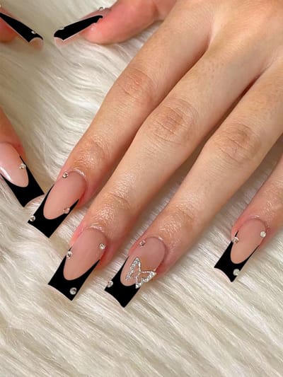24PCS Short Nails White French TipsMedium Square Press On Nails 3dButterfly Rhinestone Fake Nails For Women And Girls_img_0