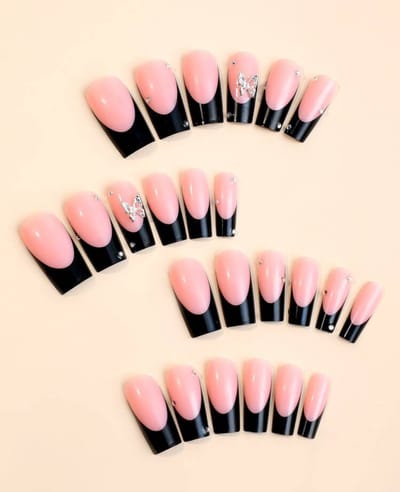 24PCS Short Nails White French TipsMedium Square Press On Nails 3dButterfly Rhinestone Fake Nails For Women And Girls_img_1