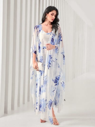 SHEIN Modely Floral PrintCami Bodycon Dress & Open FrontCoat Two Piece_img_0