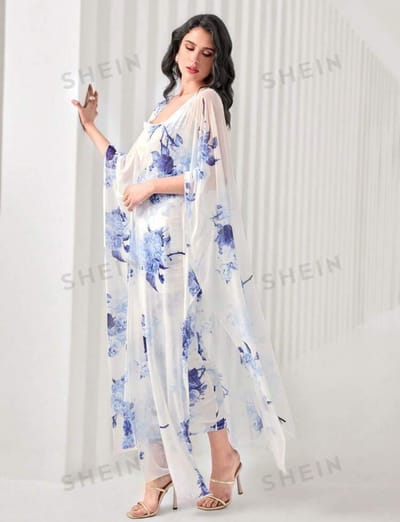 SHEIN Modely Floral PrintCami Bodycon Dress & Open FrontCoat Two Piece_img_3